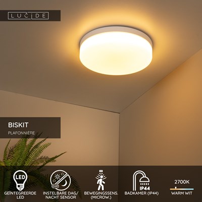 Lucide BISKIT - Plafonnière Badkamer - Ø 34,5 cm - LED - 1x24W 2700K - IP44 - Bewegingssensor - Wit